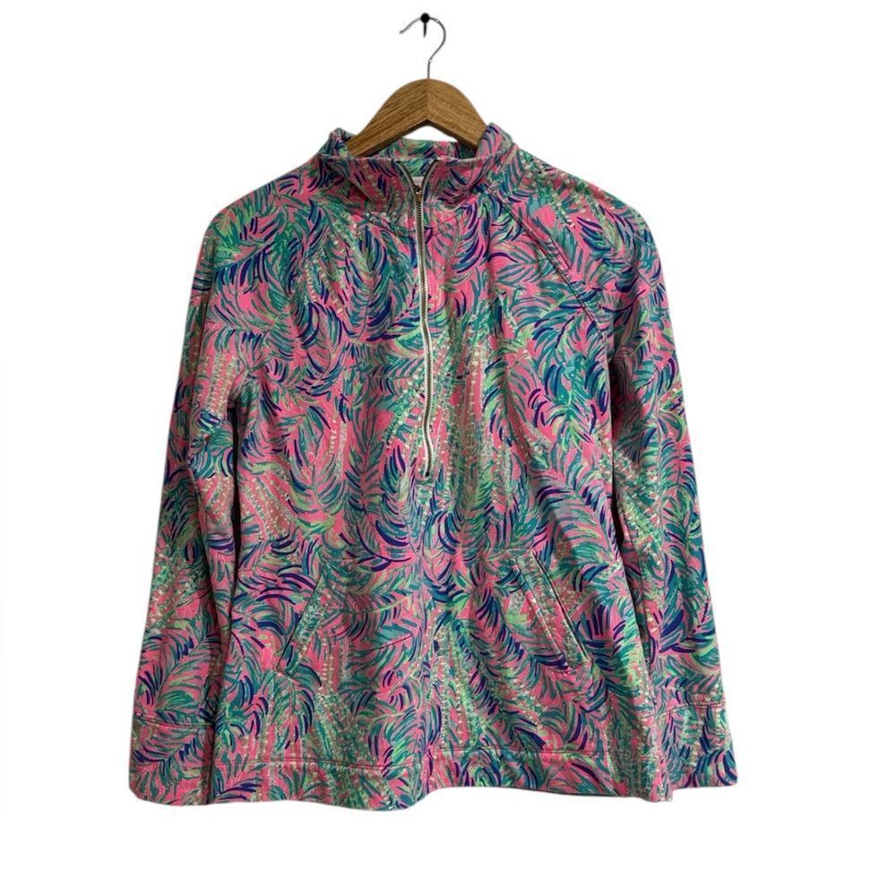 Lilly Pulitzer Vibrant Pink and Blue Leaf Pattern Pullover EUC